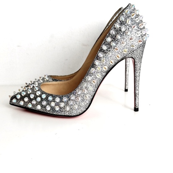 New CHRISTIAN LOUBOUTIN Nappa Mica Follies Spikes 100 Pumps Silver - Picture 3 of 10